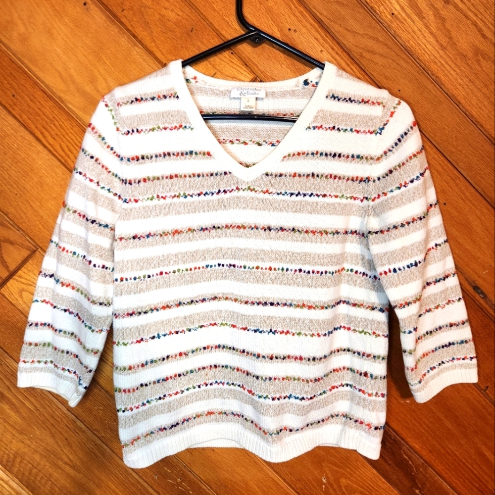 Christopher & Banks White V-Neck Sweater with Multicolor Stripes